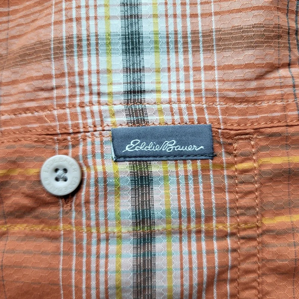 Eddie Bauer Men Button Up Shirt M Orange Nylon Travex Plaid‎ Ripstop Outdoor